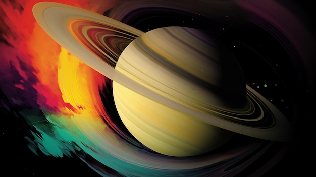 An illustration of saturn with rings in the center and a mist of multicolored dust