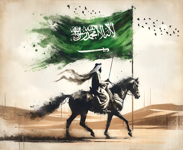 Illustration for saudi flag day with man riding a horse in desert