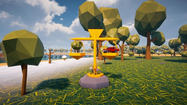 Illustration of a scale that balances nature and industry with\
a virtual landscape in the background designed in low poly 3d\
render