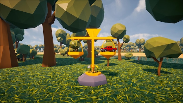Illustration of a scale that balances nature and industry with\
a virtual landscape in the background designed in low poly 3d\
render