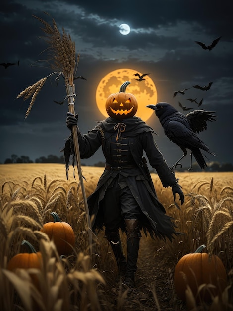 Illustration of a scarecrow and jacko'lantern in a picturesque wheat field