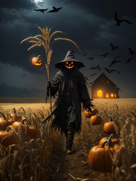 Illustration of a scarecrow and jacko'lantern in a picturesque wheat field