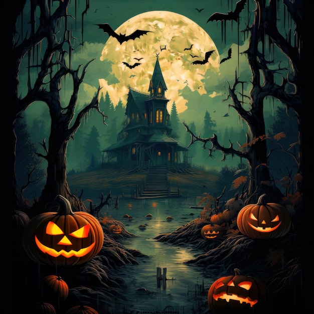 Illustration of a scary smiling pumpkin with carved face with an old castle in the background