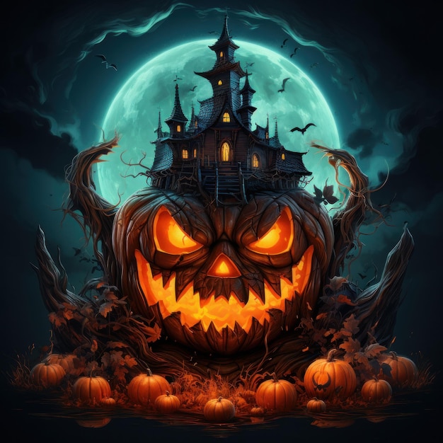 Illustration of a scary smiling pumpkin with carved face with an old castle in the background