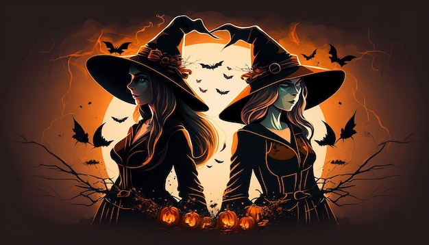 Illustration of scary women in a witch costume for Halloween background Generative ai