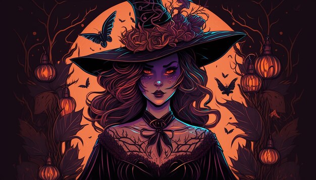 Illustration of scary women in a witch costume for Halloween background Generative ai