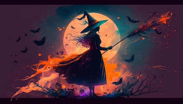 Illustration of scary women in a witch costume for Halloween background Generative ai