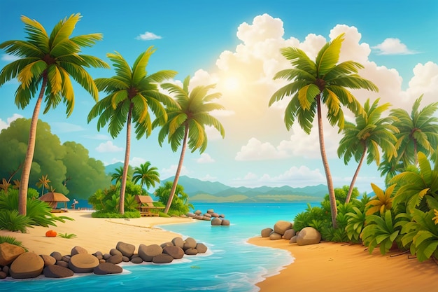 иллюстрация сцены с кокосовыми пальмами и морским пляжем