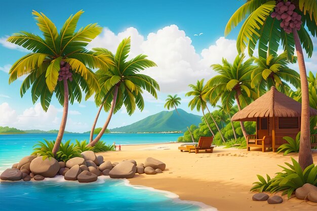 illustration scene with coconut trees with sea beach