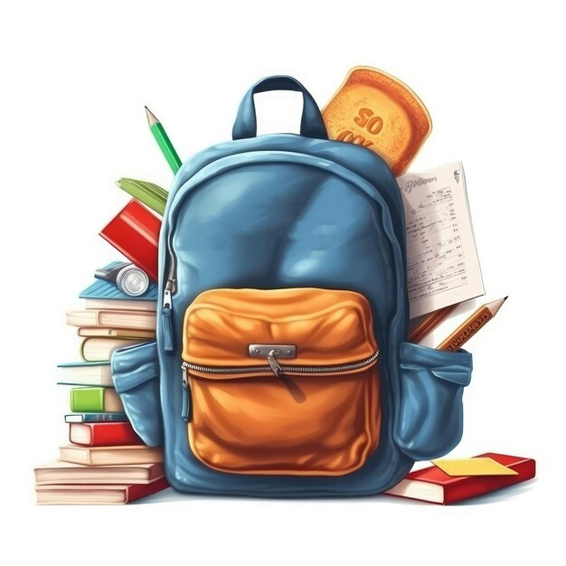 Illustration of a school backpack with pencils textbooks and apples on a white background