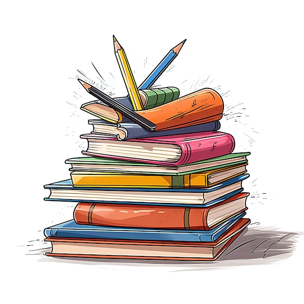 illustration of school books and homework on a desk white background