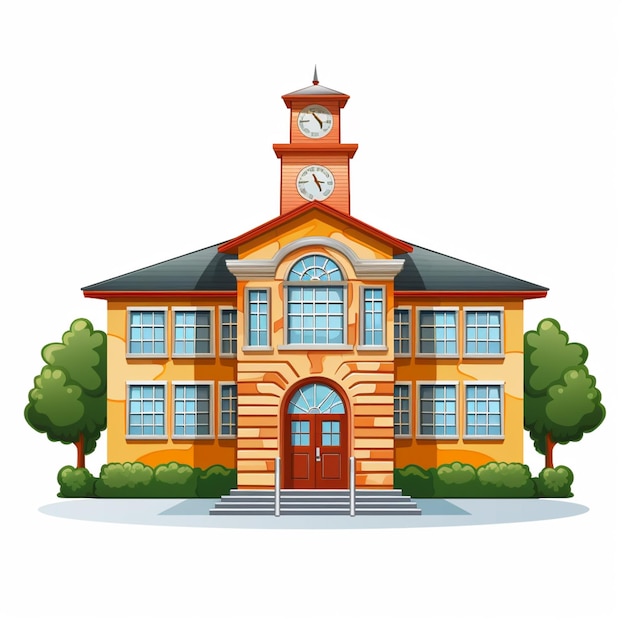 Photo illustration of a school building with a clock tower and a clock on the top generative ai