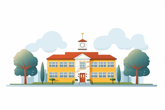 illustration of a school building with a clock tower and trees. generative ai.