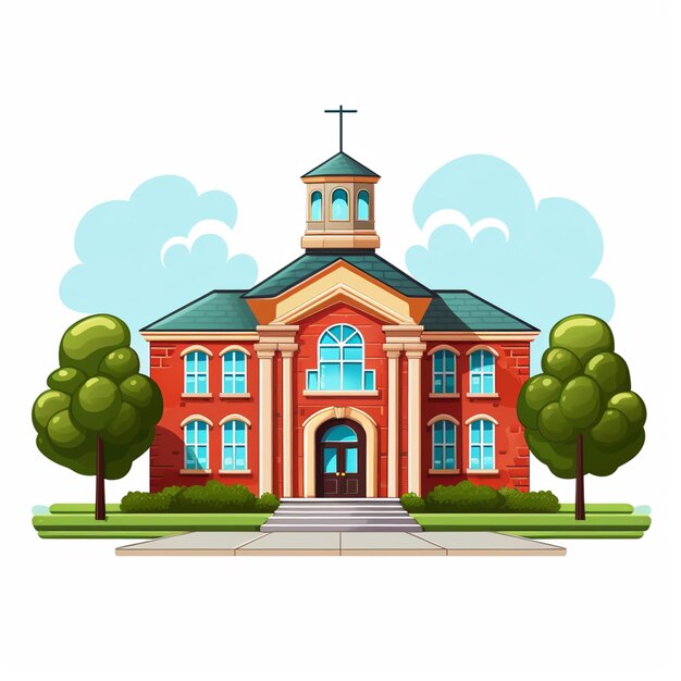 Photo illustration of a school building with a steeple and a clock tower generative ai