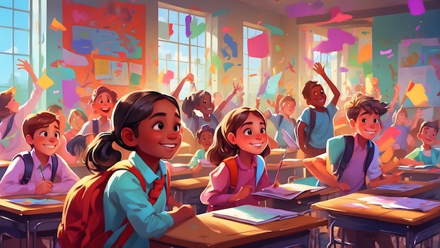 Illustration of school kids in a vibrant classroom depicting diverse students engaged in various a