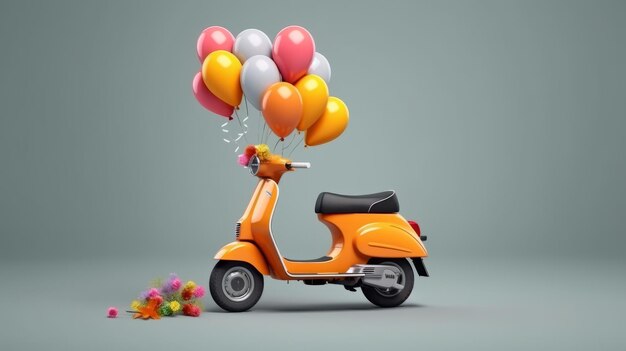 Illustration of a scooter delivering flowers and balloons Generative ai