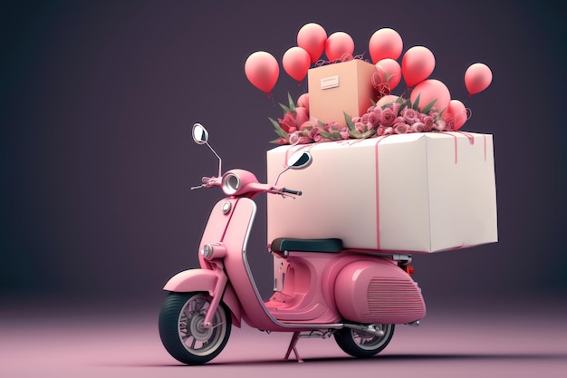 バレンタインデーに花や風船を配達するスクーターのイラスト AI 生成