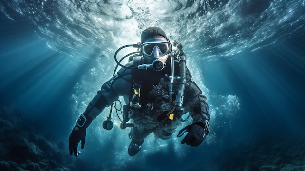 スキューバダイバーが活発な水中世界を探索するイラスト