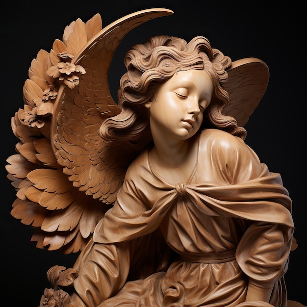 illustration of Sculpture of an angel girl in wood carved in wood