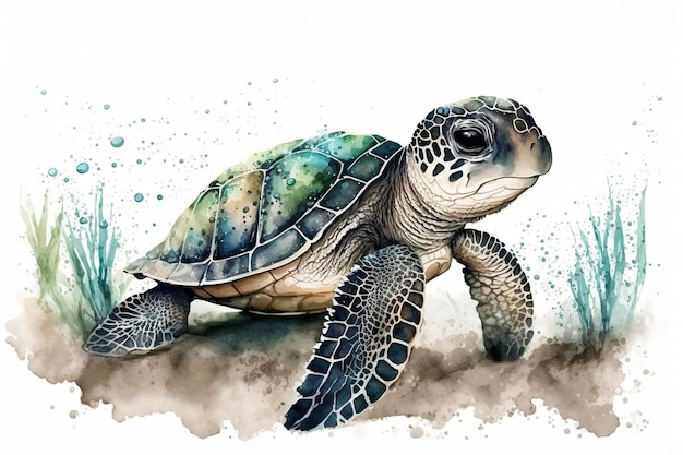 Illustration of a sea turtle swimming underwater in a watercolor style generative ai