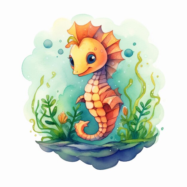 illustration of a seahorse sitting on a rock surrounded by plants generative ai