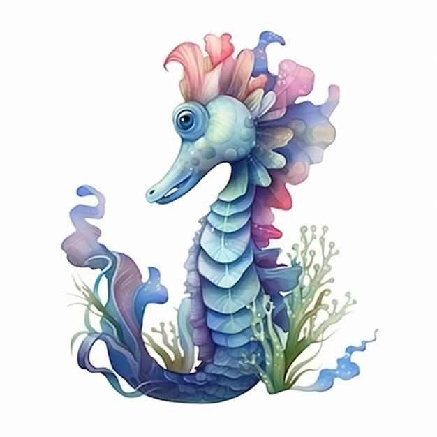 Illustration of a seahorse with a pink and blue hair generative ai