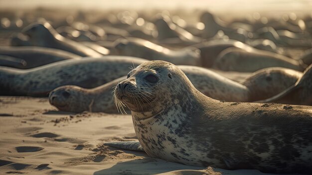 Illustration of a seal colony basking in the sun sea