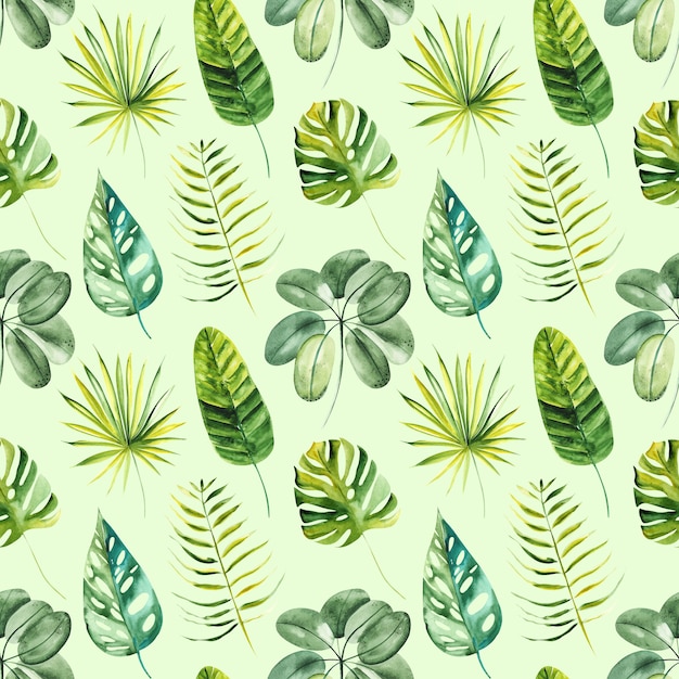 Illustration seamless pattern drawn by watercolor exotic tropical green leaves