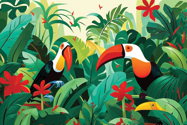 Illustration Seamless pattern with Birds and tropical plants