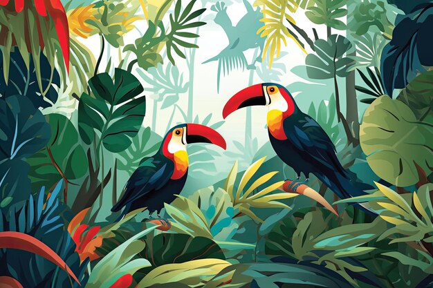 Иллюстрация Бесшовный рисунок с птицами и тропическими растениями
