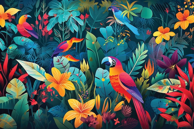 Illustration Seamless pattern with Birds and tropical plants