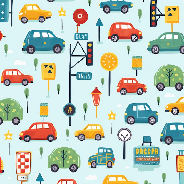 illustration of Seamless pattern with cute cars traffic lights and traffic, Generative ai