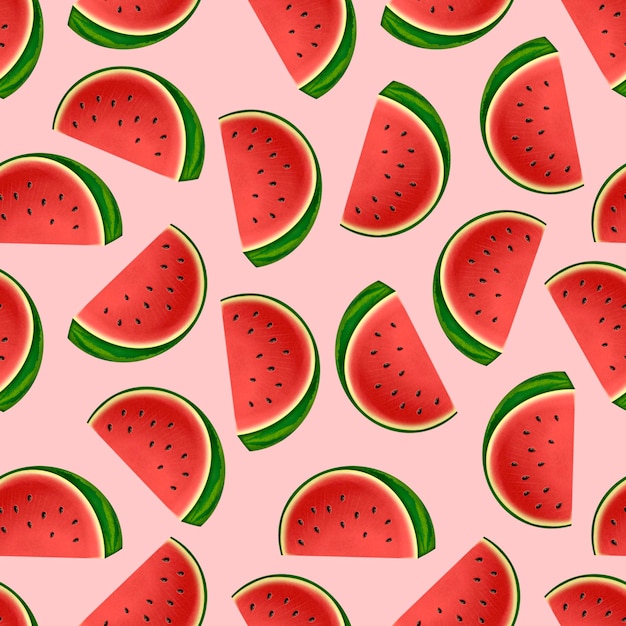 Illustration of a seamless pattern with watermelon slices juicy fruits