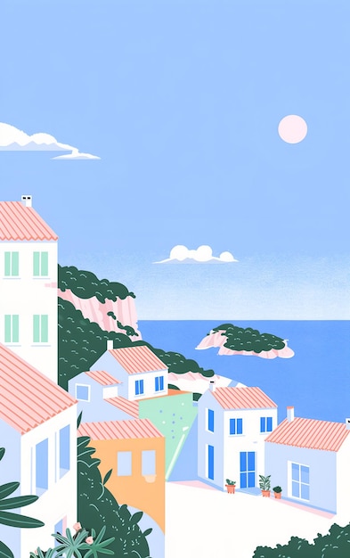 illustration of a seaside village with colorful houses and clear blue sky
