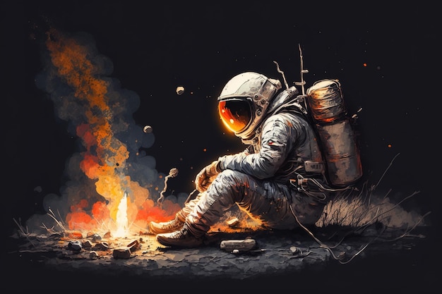 Illustration of a seated astronaut with a little rocket in his hand