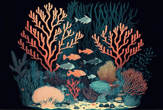 Illustration of seaweed and corals on an ocean floor with fish