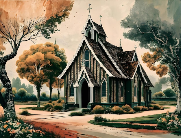 An illustration of a serene church surrounded by colorful nature evokes tranquility