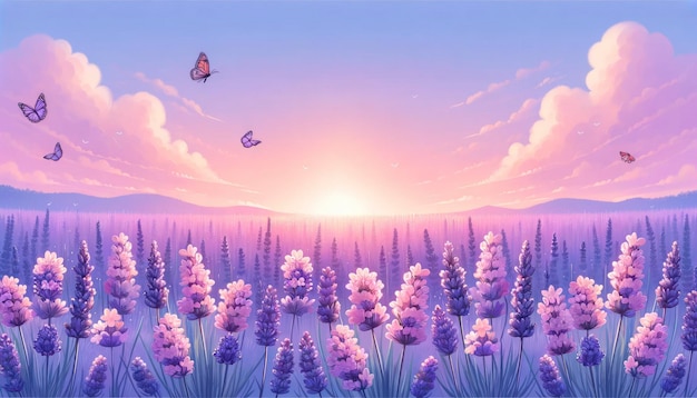 An illustration of a serene field of lavender flowers under a soft evening sky with butterflies fluttering around creating a tranquil atmosphere ai generated