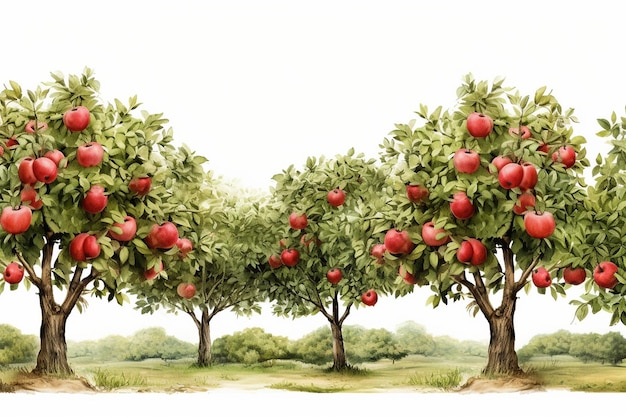 An Illustration of a Serene Orchard with Apple Rows Generative By Ai