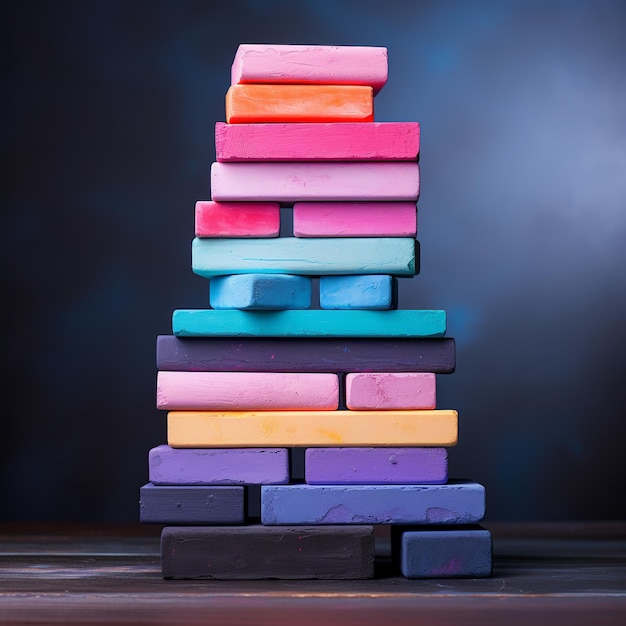 Photo illustration of set assorted colored chalks stacked created using