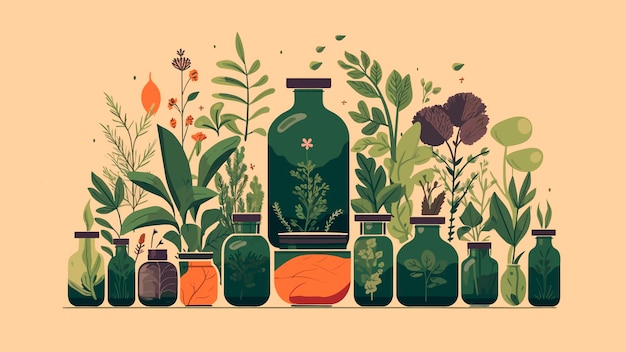 Illustration of a set of bottles with herbs and plants