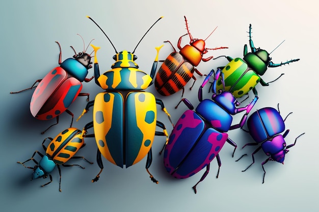 Сгенерирована иллюстрация набора разноцветных жуков, видимых сверху.