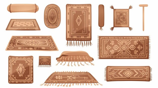 An illustration set of cozy rug and mat with tassels and fringes Various shapes and sizes of brown carpet