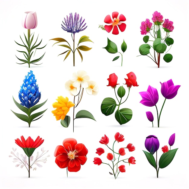 Generative AI 기술로 만든 그래픽에 대한 꽃과 잎 벡터 스타일의 그림 세트
