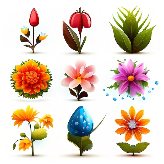 Generative AI 기술로 만든 그래픽에 대한 꽃과 잎 벡터 스타일의 그림 세트