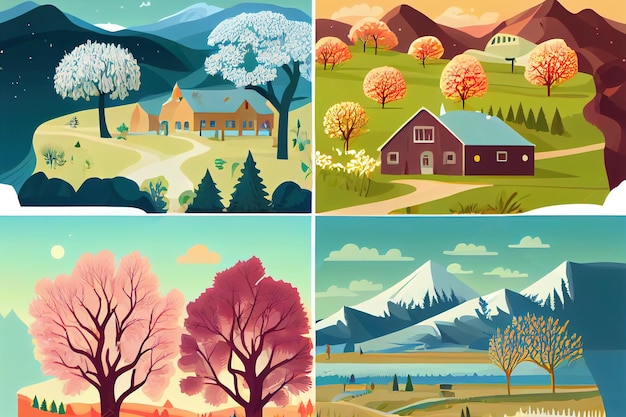 Набор иллюстраций из четырех сезонов лето осень зима весна Генеративный AI