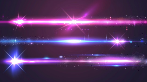 An illustration set of glowing flares with beams A neon flash strip with sparkles on transparent background Magic shiny shimmer with glowing flares