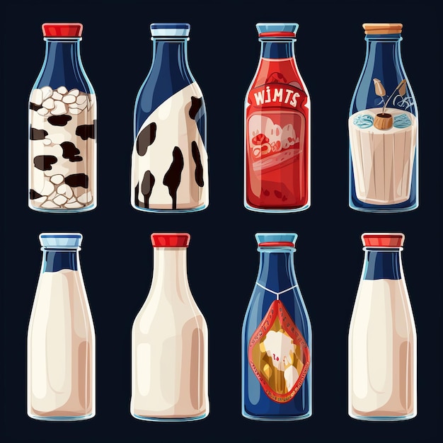 Иллюстрация набора икон стеклянные бутылки с молоком Generative ai