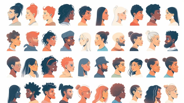 Иллюстрационный набор лиц мужчин и женщин Аватары для молодых и старых людей разных возрастов и рас Плоские иллюстрации, изолированные на белом