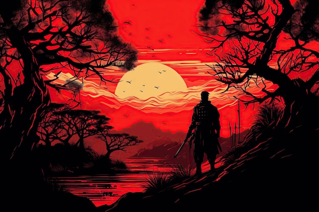 illustration setting sun with a Japanese dark red sky